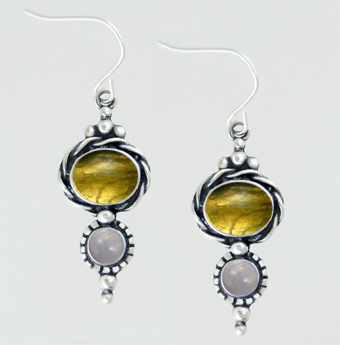 Sterling Silver Drop Dangle Earrings With Citrine And Rainbow Moonstone